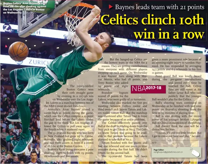  ?? Photo: VCG ?? Boston Celtics’ Aron Baynes hangs from the rim after dunking against the Los Angeles Lakers in Boston on Wednesday.