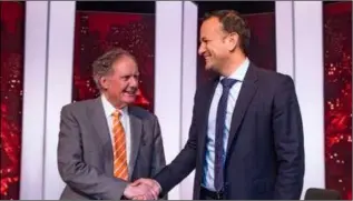  ??  ?? Journalist Vincent Browne and Taoiseach Leo Varadkar on his TV3 debate show.