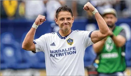  ?? ALEX GALLARDO/ASSOCIATED PRESS 2022 ?? Ageless Mexican star Javier “Chicharito” Hernandez (celebratin­g after a match last October in Nashville, Tenn.) led the LA Galaxy to a playoff berth last season. Hernandez had 18 goals and played in 32 matches, both highs since he moved to Major League Soccer.