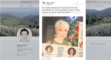  ??  ?? Screengrab taken from the Twitter feed of Daisy Lewis of a photo of the Little Black Book segment of Tatler magazine making comments about the actress