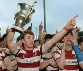  ??  ?? Colaiste Iognaid captain Diarmuid Codyre celebrates after winning the Top Oil Connacht Schools Senior Cup final against Summerhill College