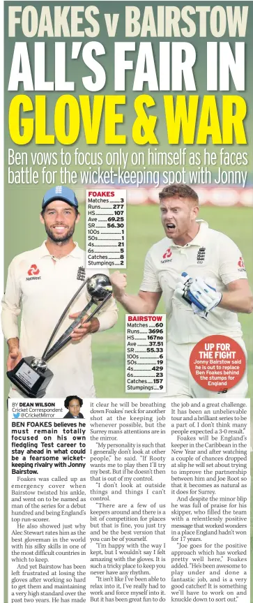  ??  ?? 3 277 107 69.25 56.30 1 1 21 5 8 2 UP FOR THE FIGHT Jonny Bairstow said he is out to replace Ben Foakes behind the stumps for England