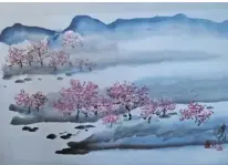  ??  ?? Carol Waite offers a Japanese ink brush painting titled Blue Ridge Scene.