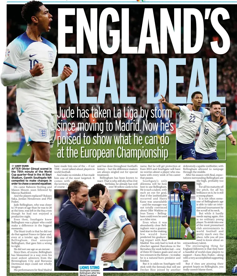  ?? ?? LIONS STING Southgate consoles Bellingham after the World Cup defeat