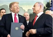  ??  ?? file photo: President Trump smiles at Israeli PM Netanyahu, signing a proclamati­on formally recognizin­g Israel’s sovereignt­y the Golan Heights (WP)