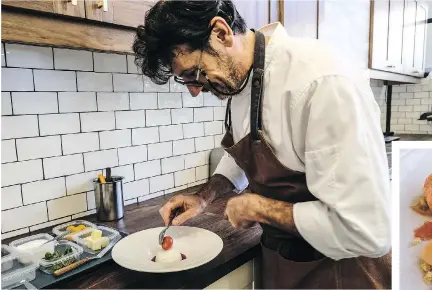  ?? DAVE SIDAWAY ?? Bertrand Bazin works on his strawberry vacherin plated dessert at Café Bazin. Inset: Tomato and vanilla pannacotta.