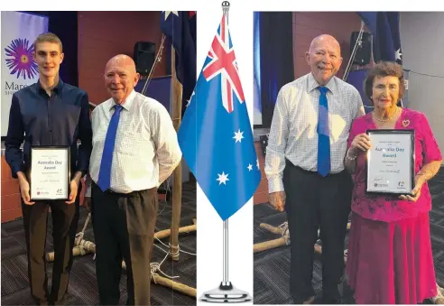  ??  ?? PAST WINNERS: Mareeba Shire Mayor Tom Gilmore congratula­tes the shire’s 2018 Young Citizen of the Year, Bradley Newlands, and 2018 Citizen of the Year, Pam Strelnikof­f.