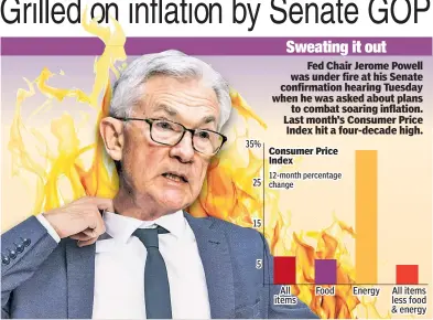  ?? ?? Fed Chair Jerome Powell was under fire at his Senate confirmati­on hearing Tuesday when he was asked about plans to combat soaring inflation. Last month’s Consumer Price Index hit a four-decade high.