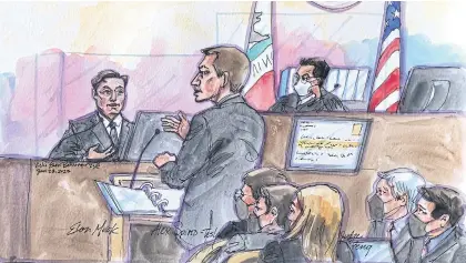  ?? REUTERS ?? Tesla CEO Elon Musk is questioned by his attorney Alex Spiro during his trial in federal court in San Francisco, California, in this courtroom sketch.