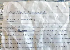  ?? ?? A note found in the home of the female suspect sets out an alleged murder plan