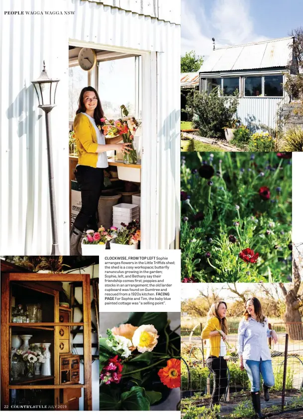  ??  ?? CLOCKWISE, FROM TOP LEFT Sophie arranges flowers in the Little Triffids shed; the shed is a cosy workspace; butterfly ranunculus growing in the garden; Sophie, left, and Bethany say their friendship comes first; poppies and stocks in an arrangemen­t; the old larder cupboard was found on Gumtree and rescued from a 1920s kitchen. FACING PAGE For Sophie and Tim, the baby blue painted cottage was “a selling point”.