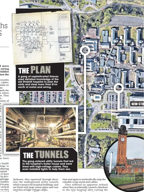  ??  ?? A gang of sophistica­ted thieves used detailed knowledge of the old Stobhill hospital to plan the raids and steal more than £1m worth of metal and wiring. The gang entered utility tunnels that led to the hospital’s boiler house and were lined with high-voltage cables. They even installed lights to help them see. Above, the landmark tower of the now derelict Stobhill hospital