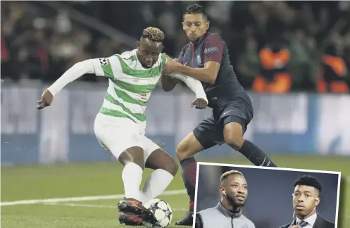  ??  ?? 0 Moussa Dembele, duelling for possession with Marquinhos, met up with PSG’S Presnel Kimpembe, inset, ahead of last night’s match when he returned to face his former club.