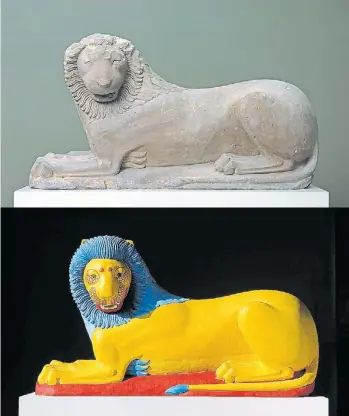  ??  ?? Escultura de un león hallada en Loutraki, en Grecia (c.570560 a.C.). y, abajo, su recontrucc­ión. Las piezas fueron parte de la muestra del Museo Glyptotek de Copenhague, hace años.