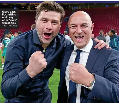  ?? GETTY IMAGES ?? Glory days: Pochettino and Levy after Spurs’ win at Ajax