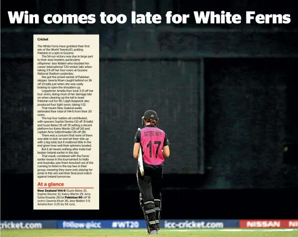  ?? GETTY IMAGES ?? Captain Amy Satterthwa­ite makes the lonely walk back to the pavilion after being dismissed for 26 during the White Ferns’ win over Pakistan in Providence, Guyana, yesterday.