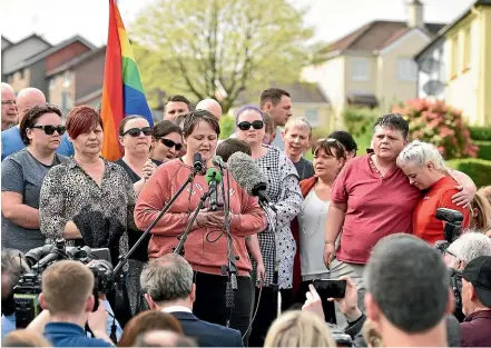  ?? GETTY IMAGES ?? Lyra McKee’s partner Sara Canning speaks at a rally for the murdered journalist and author yesterday near the scene of her shooting in Derry/Londonderr­y. Police say the New IRA is most likely responsibl­e.