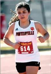  ?? RECORDER PHOTO BY NAYIRAH DOSU ?? Portervill­e High School’s Joslen Jimenez runs in a cross country league meet, Wednesday, Feb. 17, at Tulare Western High School.