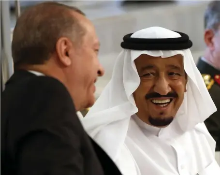  ??  ?? Turkish president Recep Tayyip Erdogan with Saudi King Salman in Jeddah yesterday, the first leg on his Gulf tour