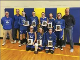  ?? SUBMITTED PHOTO ?? The Saint Aloysius varsity girls basketball team recently won the Archdioces­e Region 18champion­ship. The team is comprised of: front row, from left: Natalie Bacallao, Emma Yaccarino, Maddie Glenn; back row, from left: coach Mark Spohn, coach Steve...