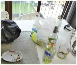  ??  ?? Empty bottles: The inside of the apartment she went to