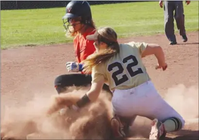  ?? Courtesy of Jennifer Kendall ?? Yuba City High infielder Drew Mcdonald (22) tags out Marysville’s Jenissa Conway at third during a game on Monday.