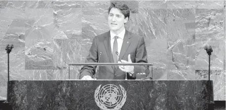  ??  ?? Prime Minister Justin Trudeau addresses the United Nations General Assembly on Thursday.