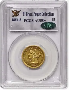  ?? STACK’S BOWERS ?? Among the many stand-out coins to cross the auction block during Stack’s Bowers auction, which was to be a headlining event at the Whitman Coin Expo, but was relocated to Stack’s faciity in California, is this AU58+ 1854-S Liberty half eagle, which commanded $1.92M.