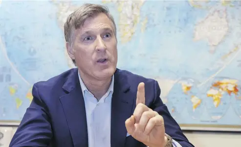  ?? PAUL CHIASSON / THE CANADIAN PRESS ?? People’s Party leader Maxime Bernier is agitated that Justin Trudeau once endorsed the idea of a world assembly.