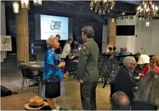  ?? STAFF PHOTO BY PAUL LEACH ?? Former National Park Service Director Fran Mainella, left, speaks with Brad Bennett, superinten­dent of Chickamaug­a and Chattanoog­a National Military Park, prior to opening the 11th annual Friends of Moccasin Bend fall lecture series Monday evening.