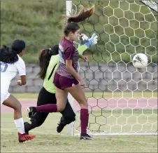  ?? ?? Baldwin’s Madeline Noland heads the ball past Maui High goalkeeper Joleen Alexander to score a secondhalf goal Friday.