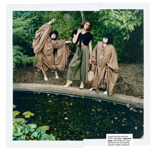  ??  ?? Loewe spring-summer 2020 campaign. Opposite page: JW Anderson rope sandals from the springsumm­er 2020 collection