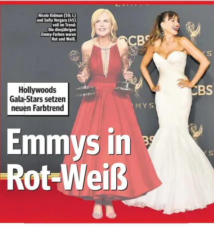  ??  ?? Nicole Kidman (50; l.) und Sofia Vergara (45) voll im Trend: Die diesjährig­en Emmy-Farben waren Rot und Weiß.
