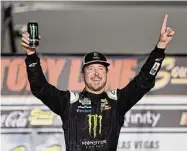  ?? Isaac Brekken/Associated Press ?? Kurt Busch celebrates after winning a NASCAR Cup Series auto race in 2020, in Las Vegas. Busch’s career was prematurel­y curtailed from the lingering effects of a concussion suffered in a wreck during qualifying last summer at Pocono Raceway.