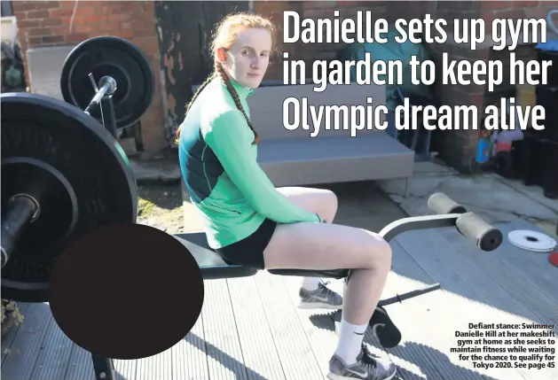  ??  ?? Defiant stance: Swimmer Danielle Hill at her makeshift gym at home as she seeks to maintain fitness while waiting for the chance to qualify for
Tokyo 2020. See page 45