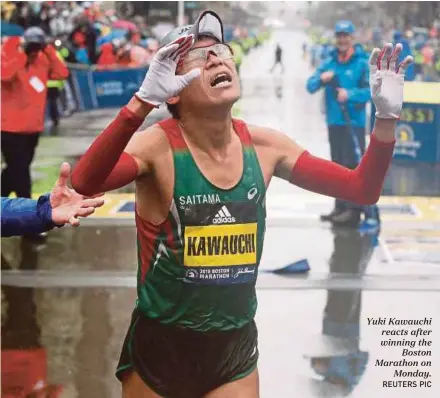  ?? REUTERS PIC ?? Yuki Kawauchi reacts after winning the Boston Marathon on Monday.