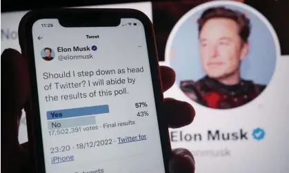  ?? Photograph: Yui Mok/PA ?? Musk looked set to step down from the top job at Twitter after the results of his poll, but he has now said only Twitter Blue subscriber­s can vote in future.