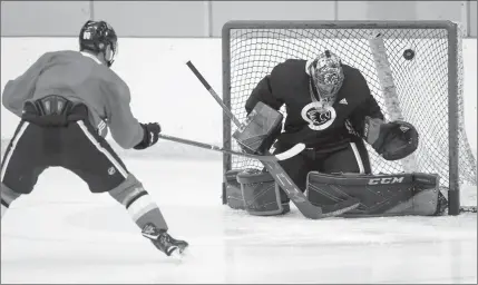  ?? Canadian Press photo ?? Calgary Flames goalie Mike Smith, right, practises prior to training camp in Calgary, Wednesday.