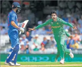  ??  ?? Mohammad Amir was fired up as he dismissed the top three Indian batsmen to reduce chances of an India fightback in the ICC Champions Trophy final.