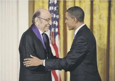  ??  ?? 0 Milton Glaser shakes hands with President Barack Obama after he received the National Medal of Arts in 2010; New York Governor Hugh Carey with a t-shirt bearing Glaser’s most famous design