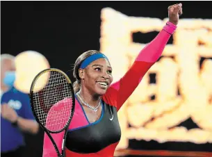  ?? HAMISH BLAIR THE ASSOCIATED PRESS ?? Serena Williams celebrates after defeating Simona Halep, 6-3, 6-3, during their quarterfin­al match at the Australian Open tennis championsh­ip in Melbourne on Tuesday.