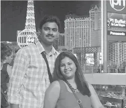  ?? KRANTI SHALIA VIA AP ?? Srinivas Kuchibhotl­a, left, with his wife, Sunayana Dumala, in Las Vegas. Kuchibhotl­a was killed in the attack.