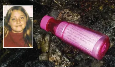  ??  ?? The pink bottle cast into the sea in Cornwall by the parents of tragic Laura Newman, inset, were found in the Outer Hebrides by a local fisherman