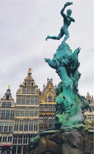  ??  ?? The Brabo fountain in Antwerp, main; the Columbus cruise ship at sea, left