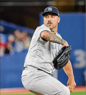  ?? Christophe­r Katsarov / Associated Press ?? Yankees starting pitcher Nestor Cortes allowed two runs in four innings Wednesday, taking the loss in New York’s first defeat in 12 games.