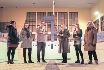  ?? Picture: Mhairi Edwards. ?? Chairman David Paton with the rest of the Montrose Playhouse Project SCIO group at the old Montrose Swimming Pool which will soon be turned into a cinema.