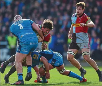  ??  ?? No way through: Charlie Matthews is brought to a halt during last week’s heavy defeat by London Irish Gloucester v Harlequins Leicester v Northampto­n (C5, BT2) Wasps v Worcester
London Irish v Exeter
Saracens v Bath (BT 1)