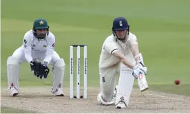  ??  ?? England’s Zak Crawley on his way to an unbeaten 171, his highest first-class score, against Pakistan on the first day of the third Test. Photograph: Alastair Grant/AP