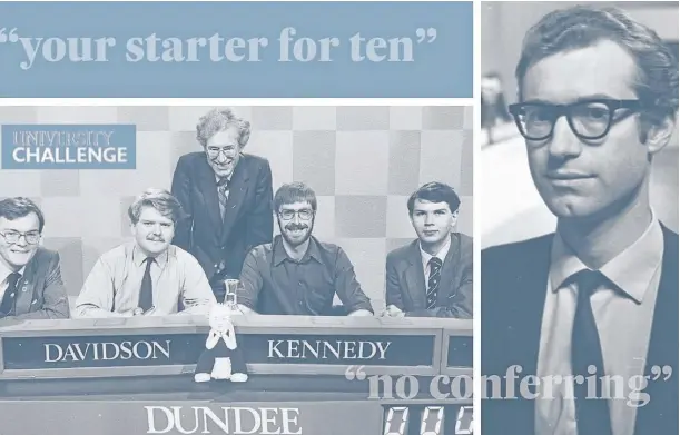  ?? ?? BRAINSTORM­ING SESSION: Popular quiz master Bamber Gascoigne, right, was in the chair when Dundee University triumphed in 1983.