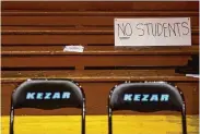  ?? ?? A “No Students” sign sits on the bleachers behind the team chairs during a public meeting presented by the S.F. Recreation and Park Department.